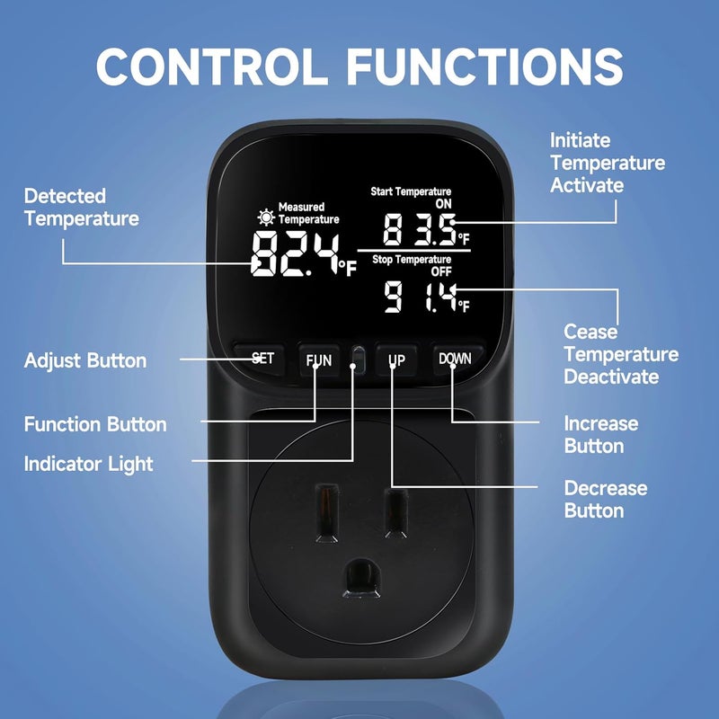 Comyan Temperature Controlled Outlet , 15A/1800W Digital Thermostat Outlet, Cyclic Timing/Countdown, -40℉~210℉ VA Display Heating Cooling Control Timer with 2Pcs Probe Cable for Reptile Incubator - Image 3